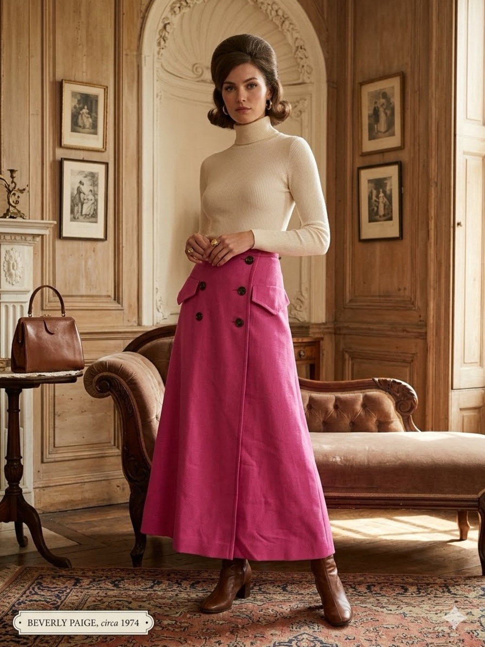 VTG 1970s Beverly Paige Hot Pink Twill Maxi Skirt Double Breasted Trench Style S